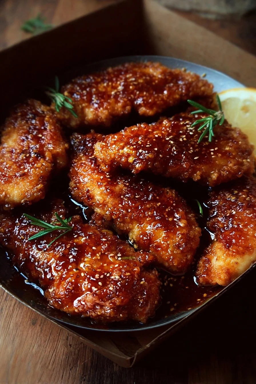 Plate of crispy baked hot honey chicken garnished with parsley
