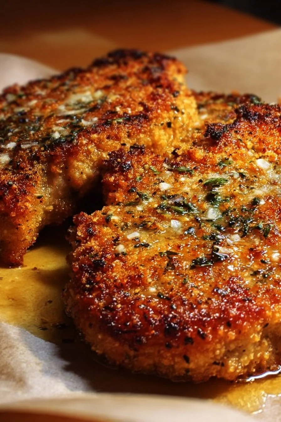 Crispy baked parmesan pork chops garnished with herbs on a plate.