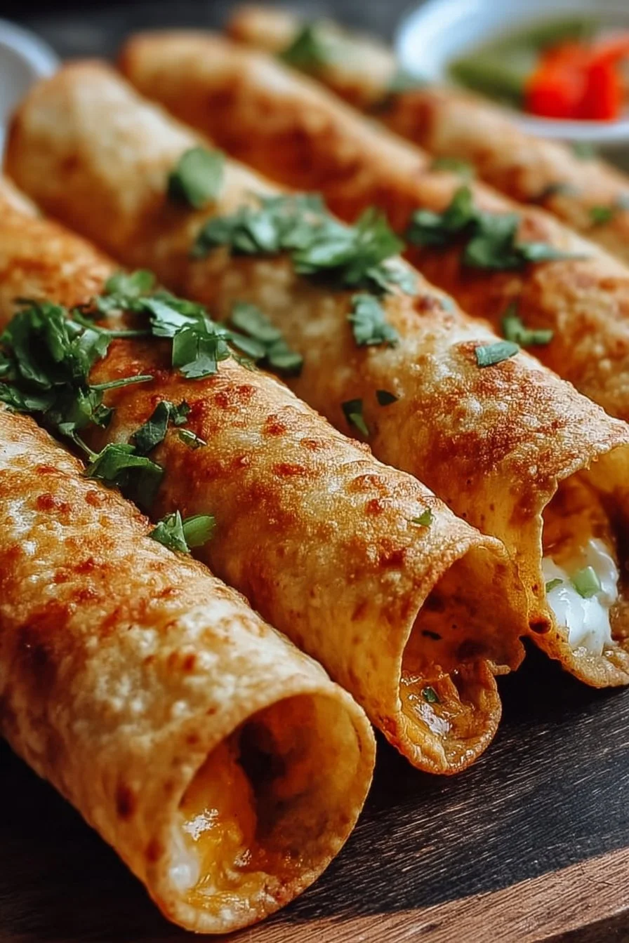 Crispy Chicken Taquitos 2 Plate of crispy chicken taquitos garnished with salsa and avocado