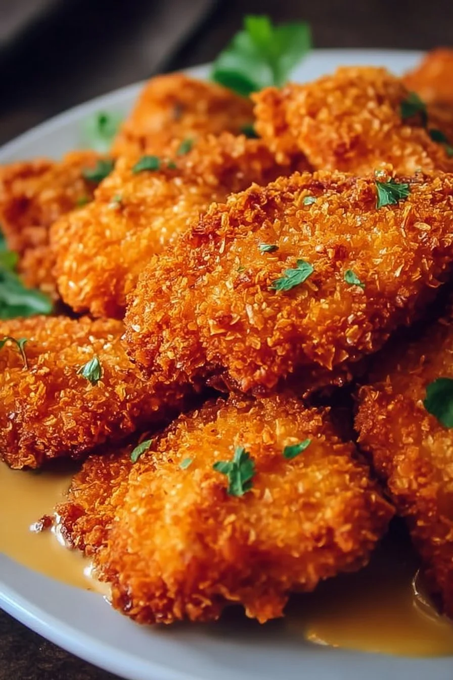 Crispy Ritz Cracker Chicken served on a plate garnished with herbs