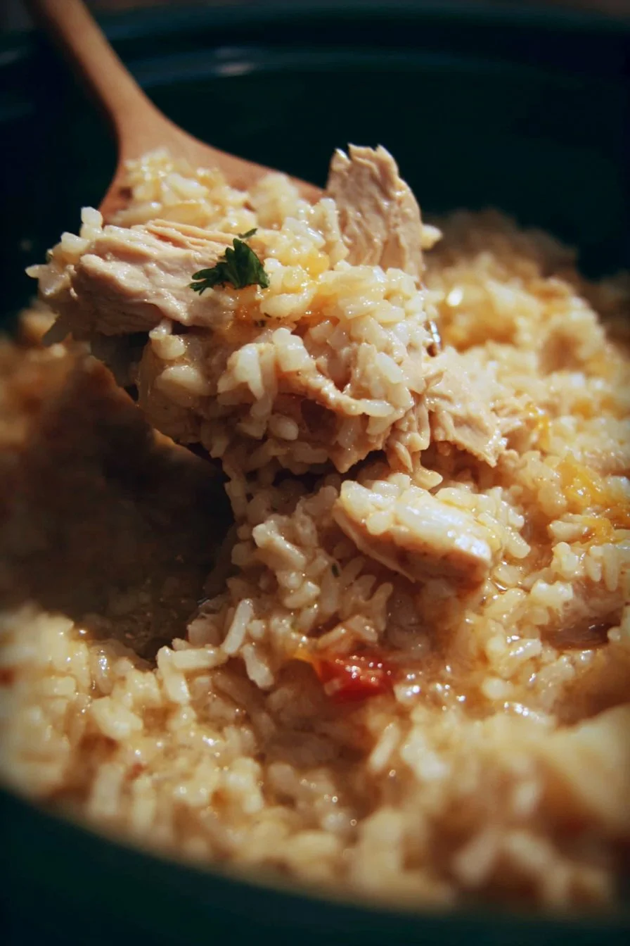 Crock Pot Chicken and Rice 2 Crock Pot chicken and rice dish served with a side of vegetables.