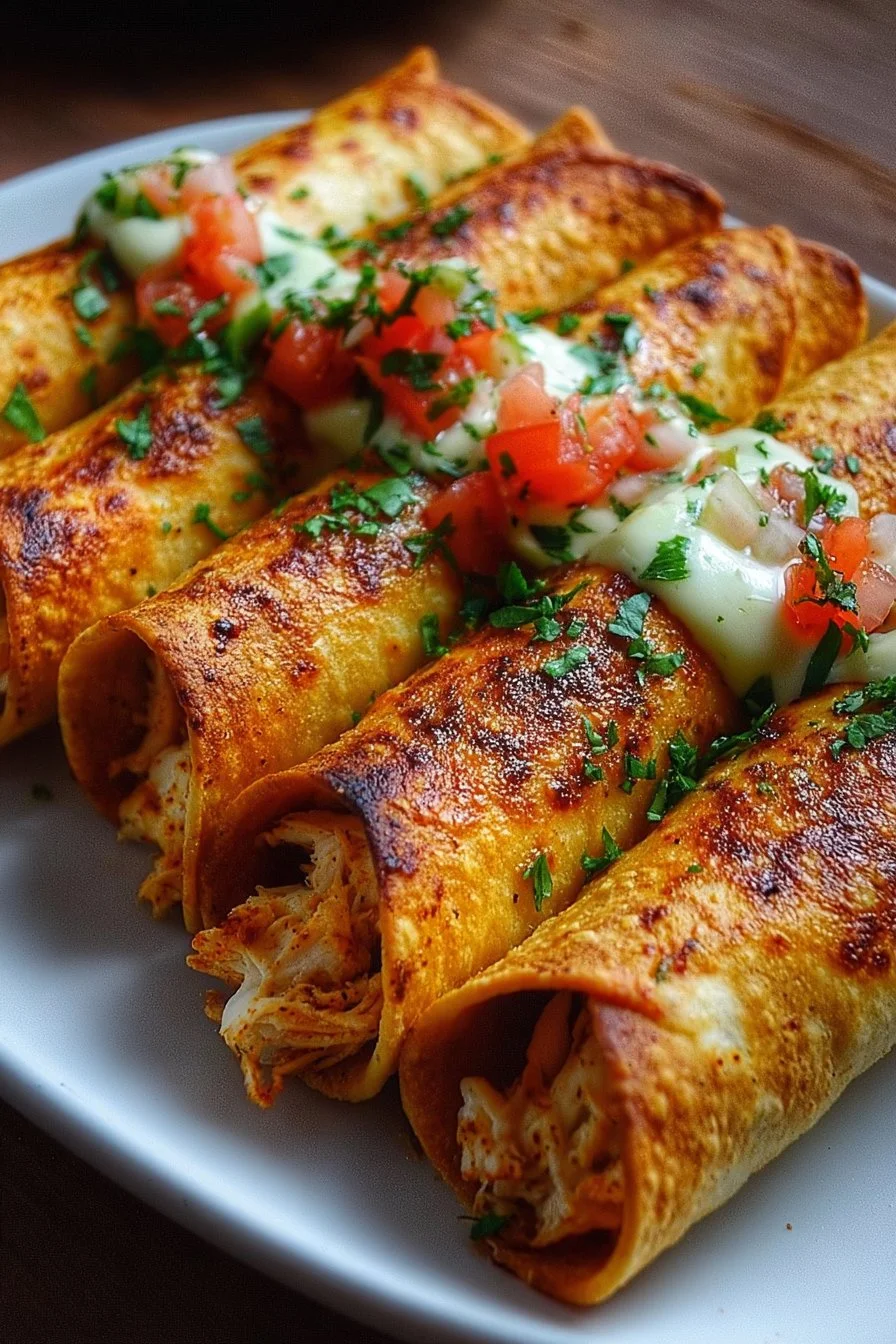 Crunchy oven-baked chicken taquitos served on a plate with dipping sauce