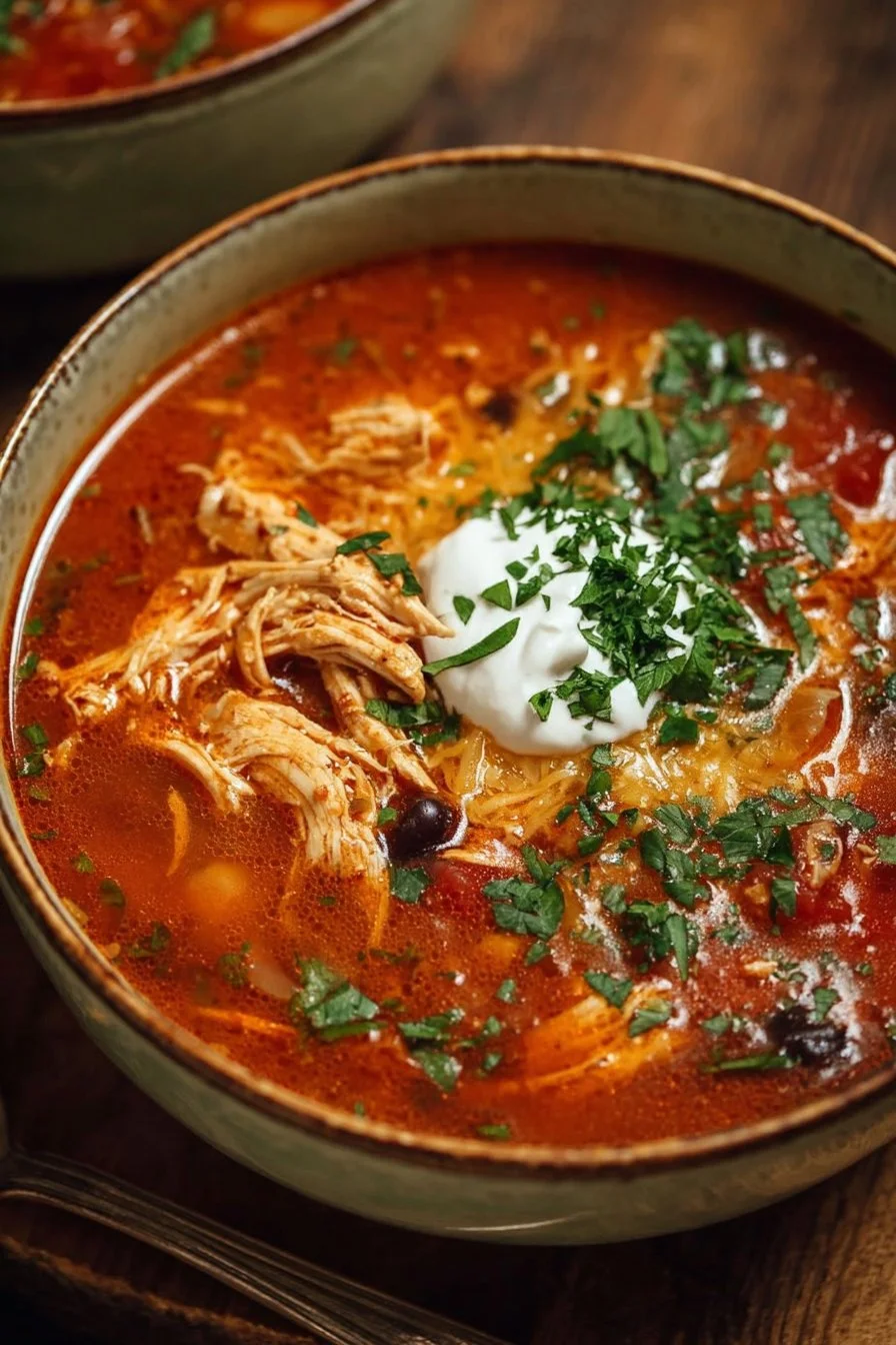 Bowl of easy chicken enchilada soup garnished with cilantro and lime