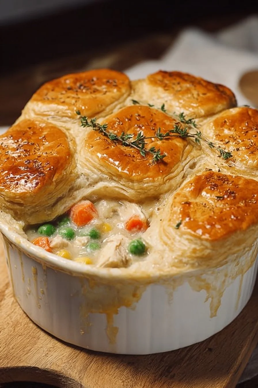 Easy homemade chicken pot pie casserole baked in a dish with vegetables and pie crust.
