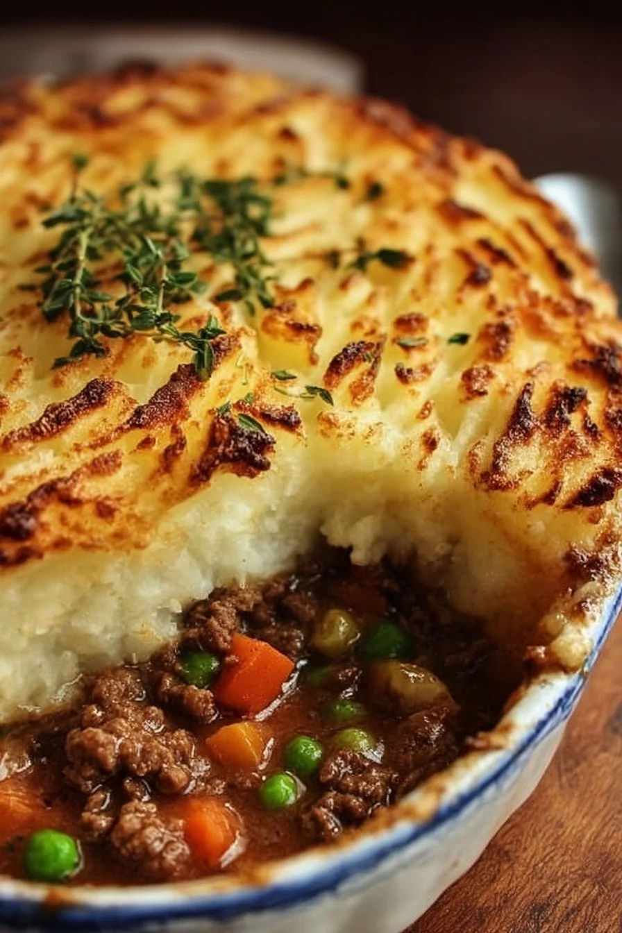 Delicious easy Shepherd's Pie casserole served in a baking dish.