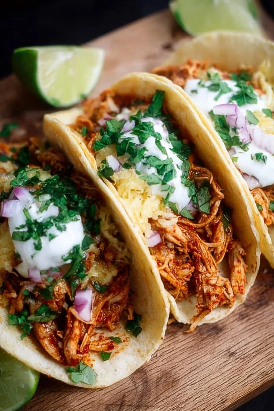 Slow cooker shredded chicken tacos with toppings ready to serve