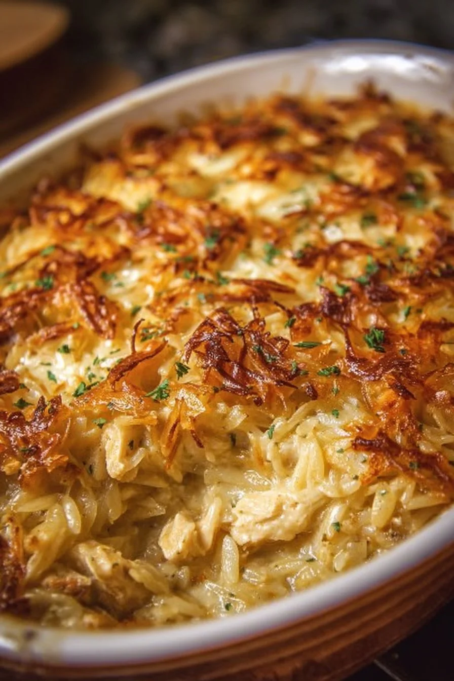 French onion chicken orzo casserole topped with cheese and herbs