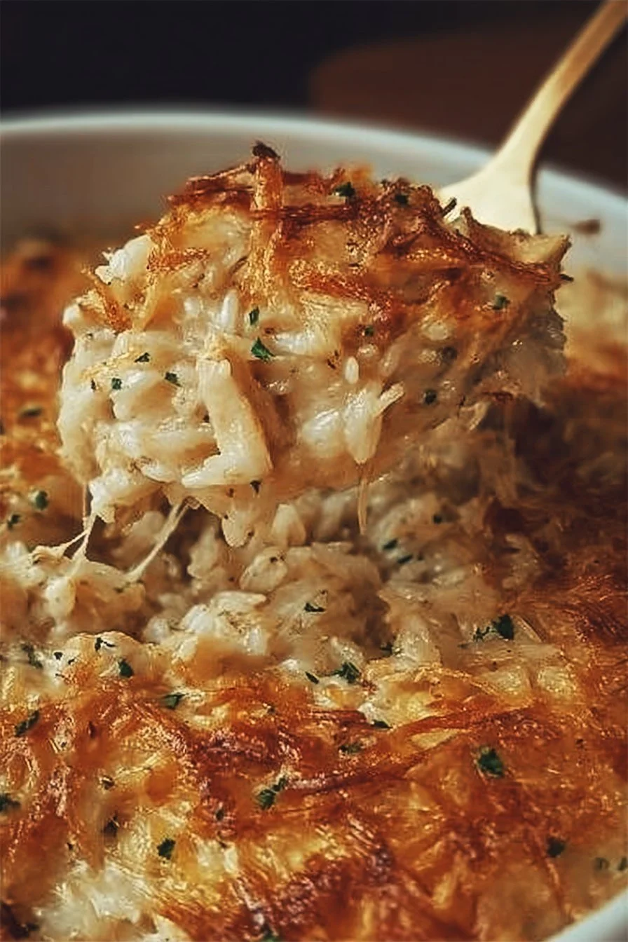 French onion chicken rice bake served in a dish with melted cheese on top.