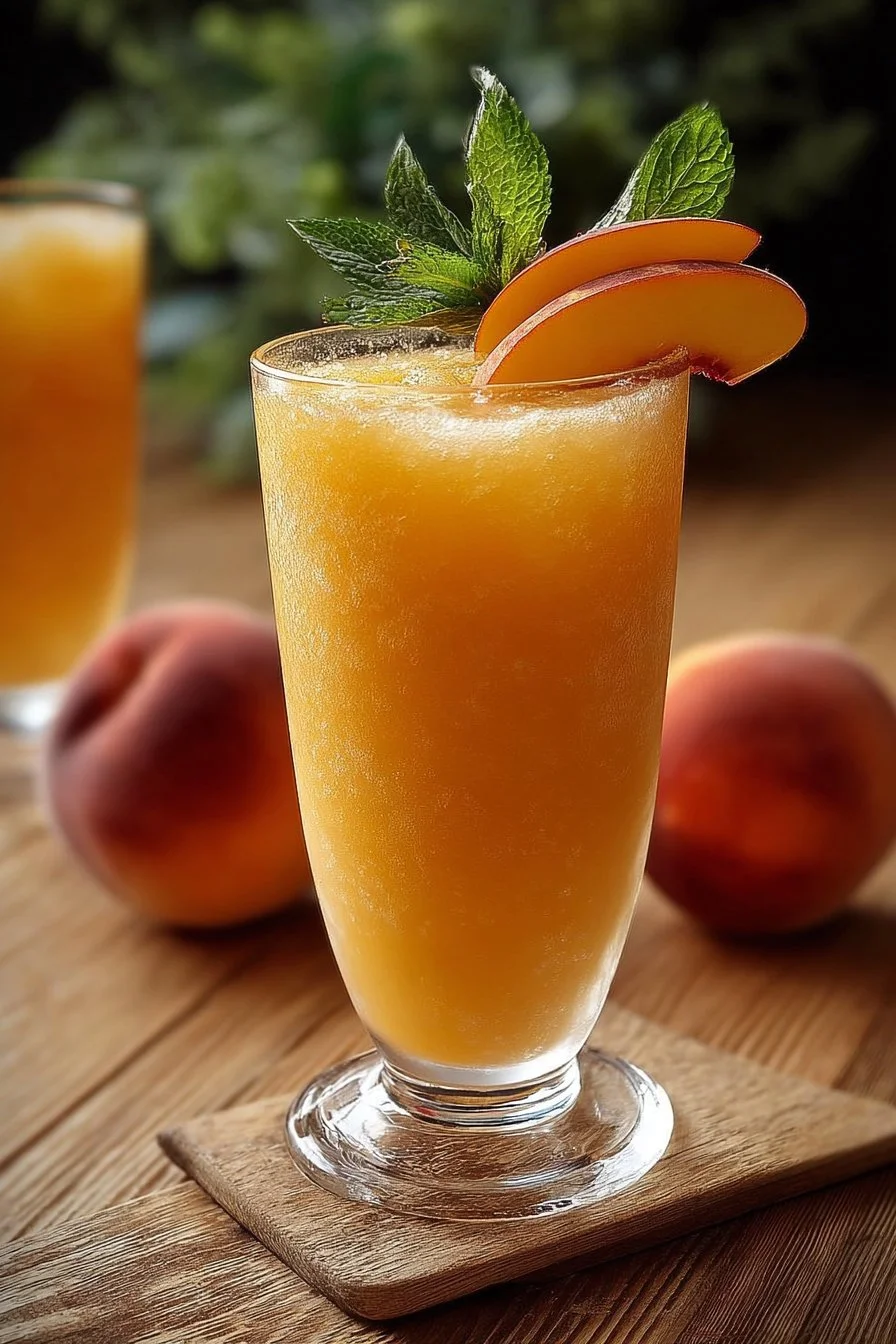 Refreshing frozen peach lemonade served in a glass with ice and a slice of peach.