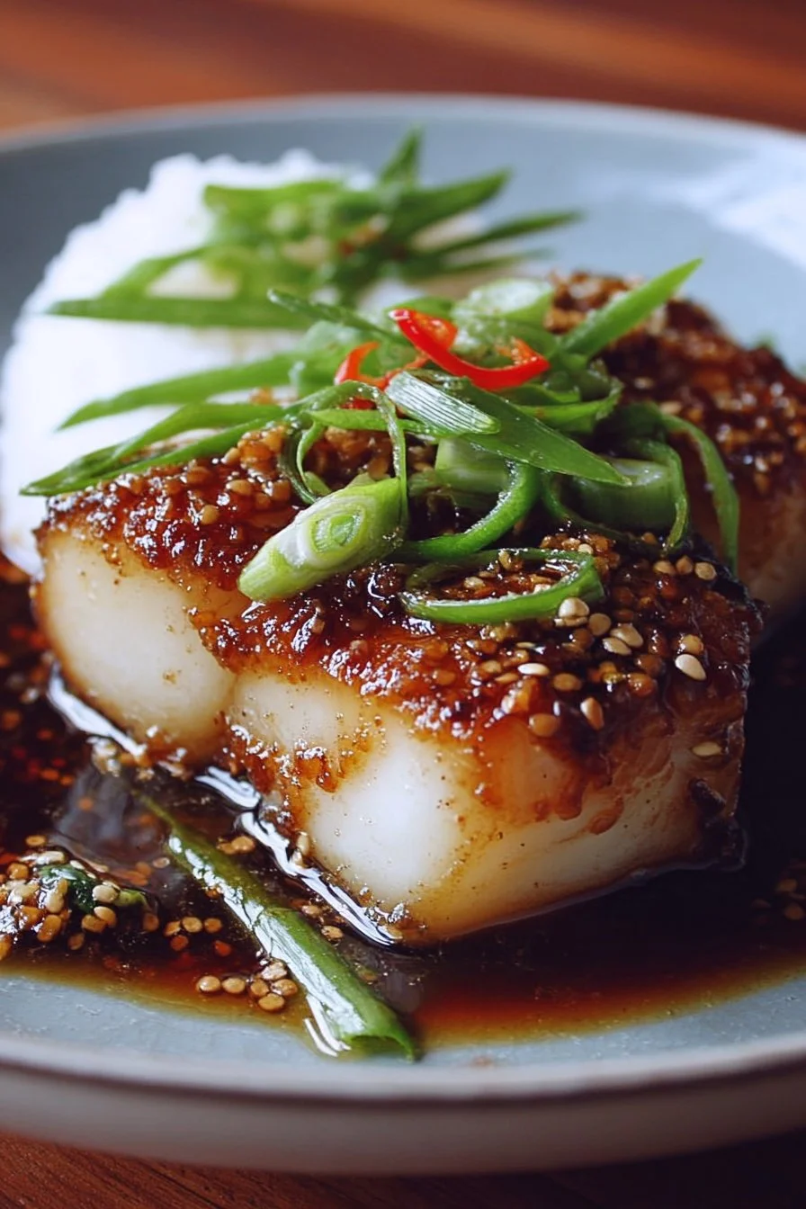 Ginger Soy Glazed Cod 2 Plate of ginger soy glazed cod with vegetables