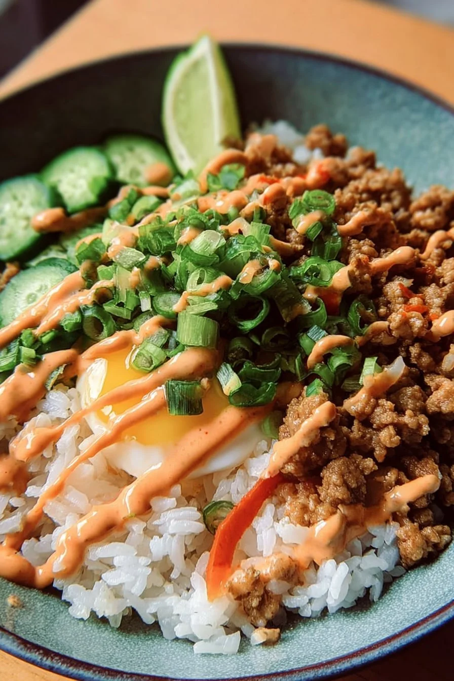 Ground turkey rice bowls topped with Bang Bang sauce for a flavorful meal