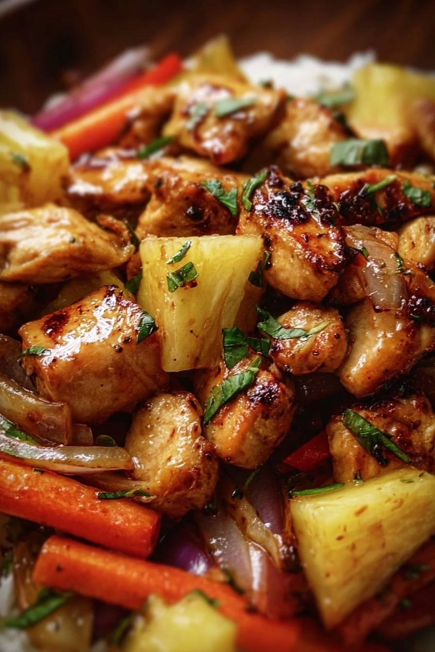 Hawaiian Chicken Sheet Pan 2 Hawaiian Chicken sheet pan meal with colorful vegetables and pineapple