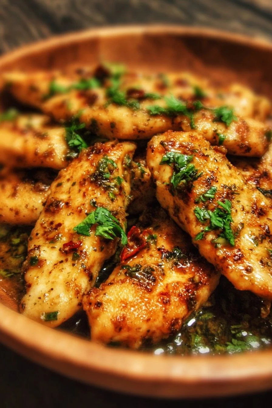Healthy chicken tenders in garlic butter sauce served on a plate