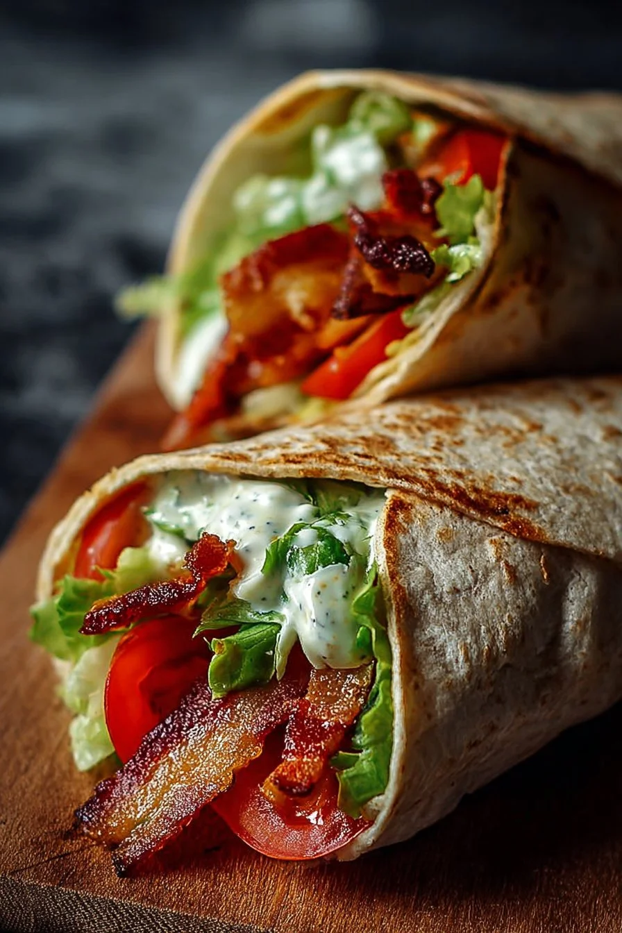 Healthy BLT Wraps with Secret Sauce 2 Healthy BLT wraps drizzled with secret sauce, served on a plate