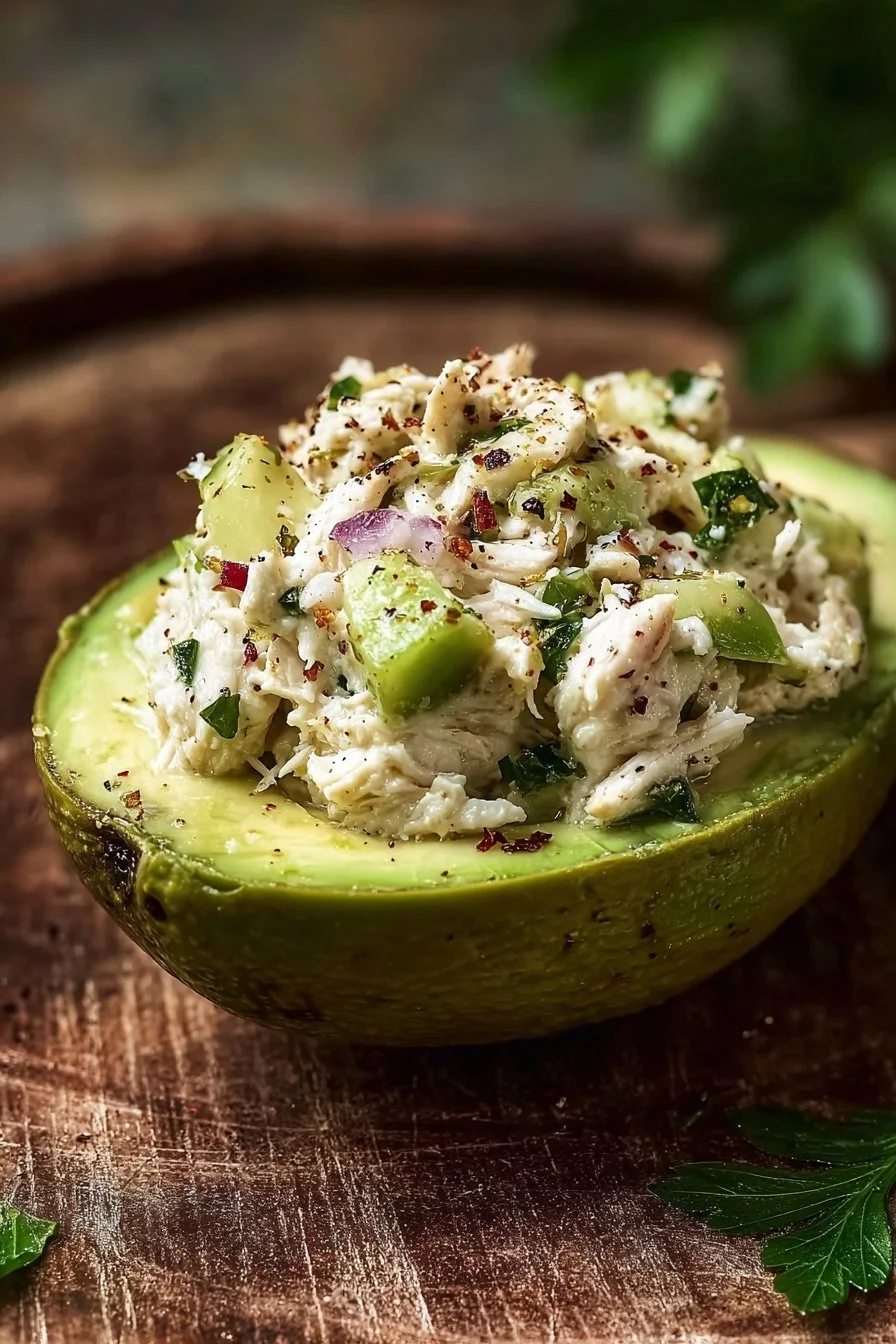 Healthy Chicken Salad Stuffed Avocado 2 Healthy chicken salad stuffed in an avocado for a nutritious meal option