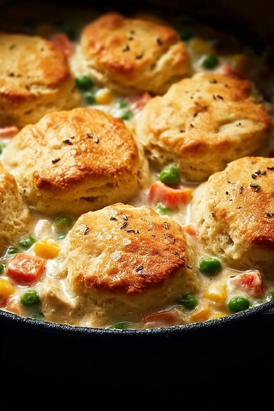 Homemade chicken pot pie with flaky biscuits on a rustic table