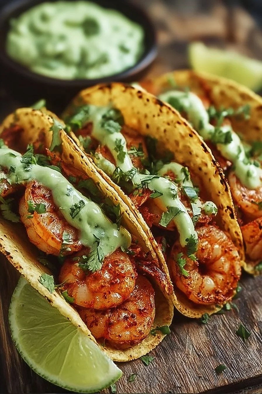 Irresistibly Spicy Shrimp Tacos with Avocado Cream Delight 2 Irresistibly spicy shrimp tacos topped with avocado cream sauce
