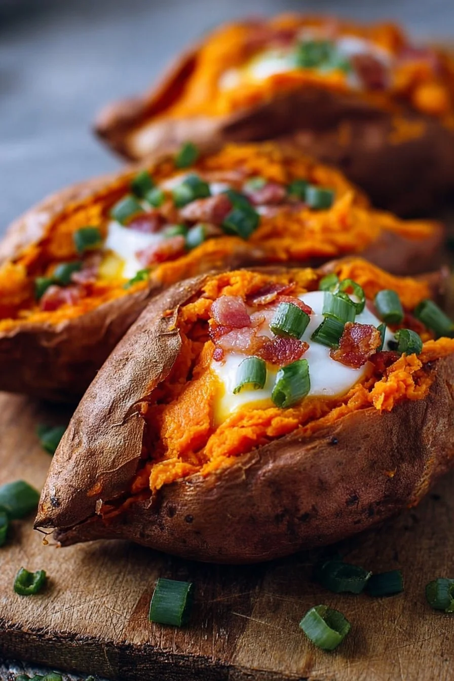Loaded Baked Sweet Potatoes 2 Loaded baked sweet potatoes topped with cheese, bacon, and green onions