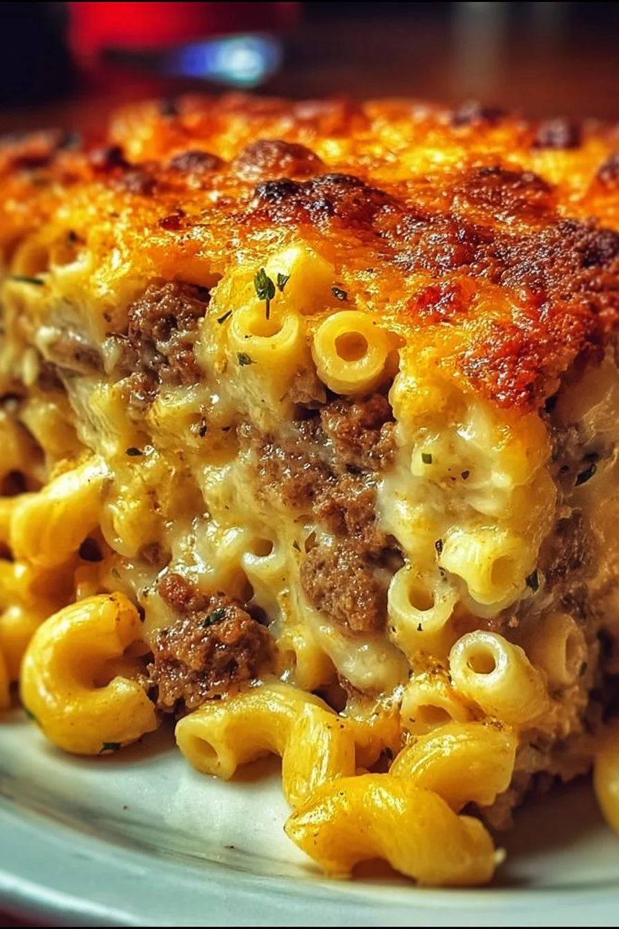 Delicious Mac and Cheese Meatloaf Casserole topped with cheese and herbs