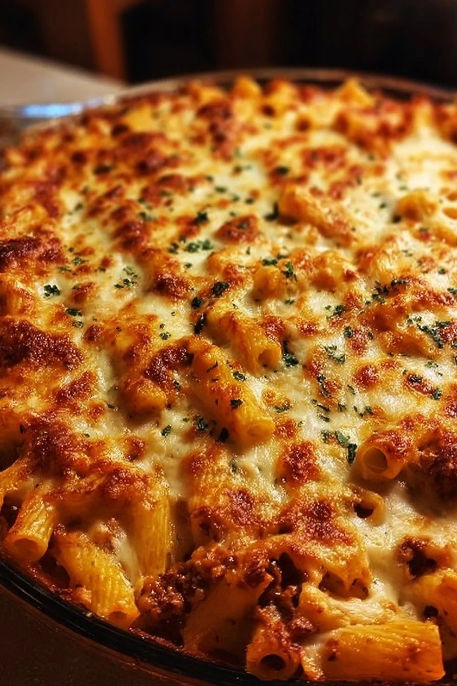 A serving of Million Dollar Baked Ziti topped with melted cheese and herbs.