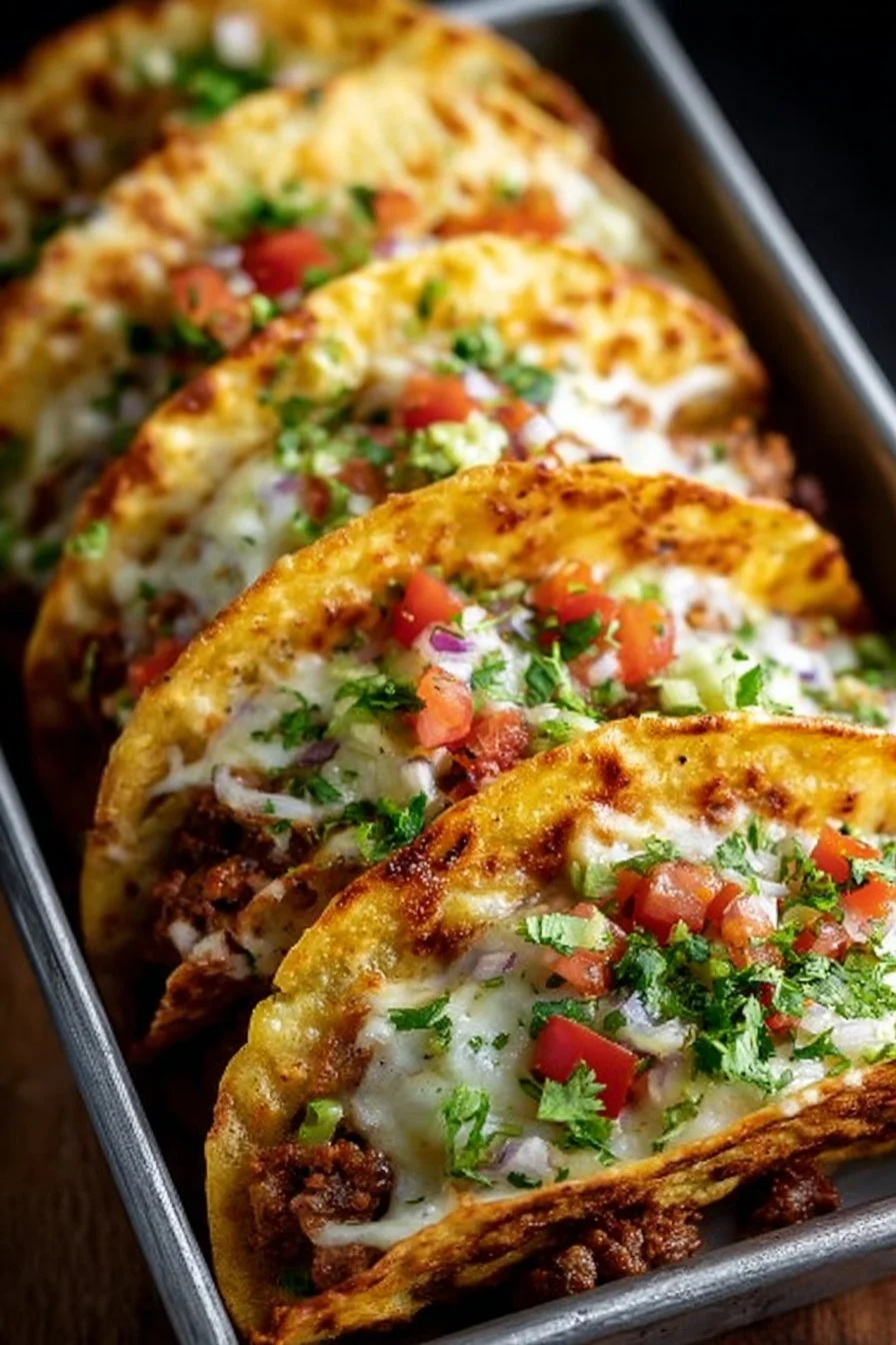 Plate of crispy oven-baked cheesy tacos loaded with toppings