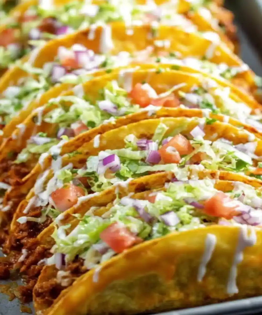 oven-baked tacos with ground beef, lettuce, diced tomato, red onion, and cheese drizzle