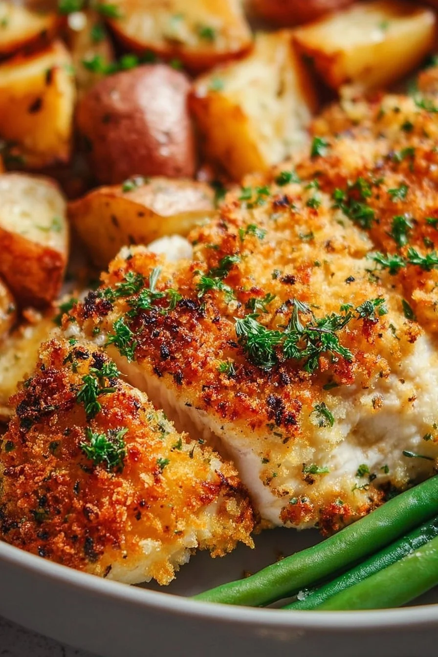 Parmesan Crusted Chicken on a sheet pan with roasted vegetables