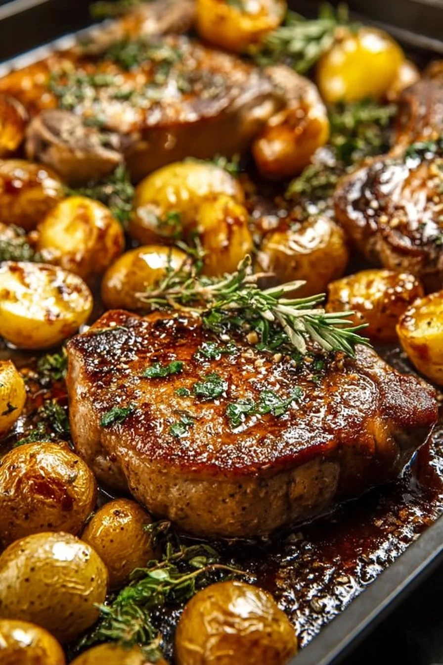 Sheet pan meal featuring juicy pork chops and roasted potatoes