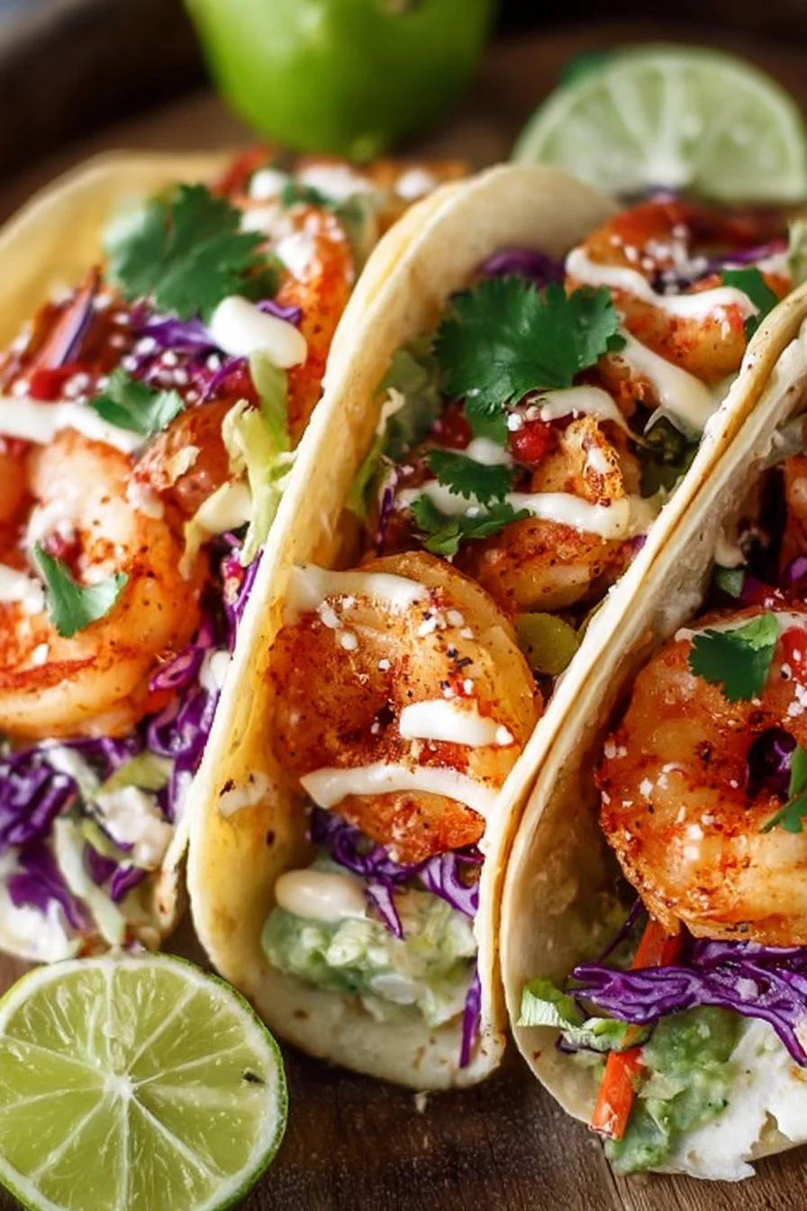Plate of flavorful shrimp tacos topped with fresh ingredients and lime wedges