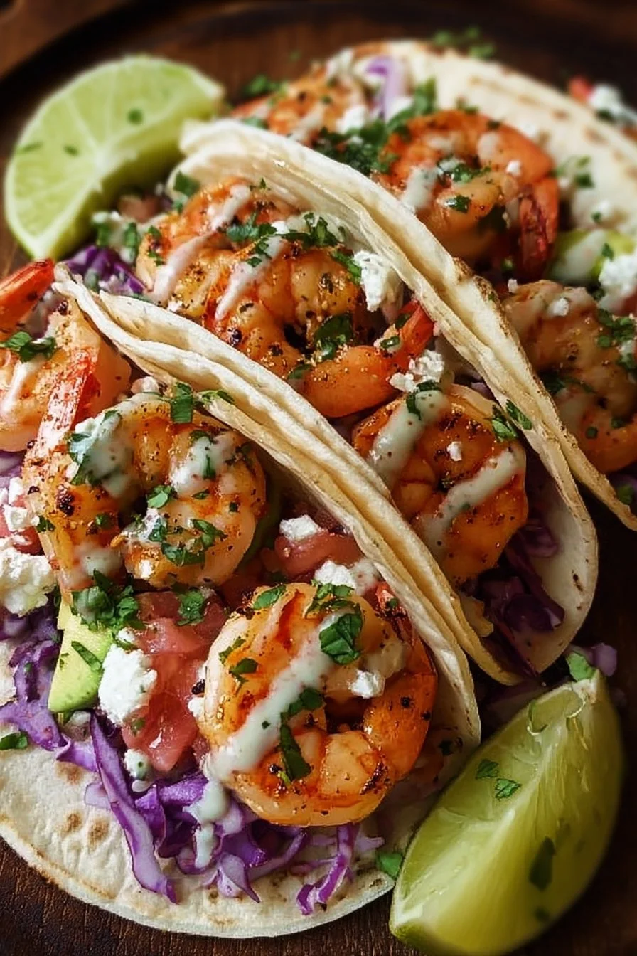 Shrimp Tacos Recipe 2 Delicious shrimp tacos topped with fresh cilantro and lime in a soft tortilla