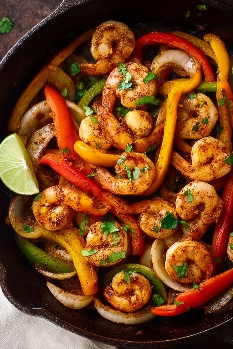 Colorful skillet shrimp fajitas with onions and peppers served on a plate.