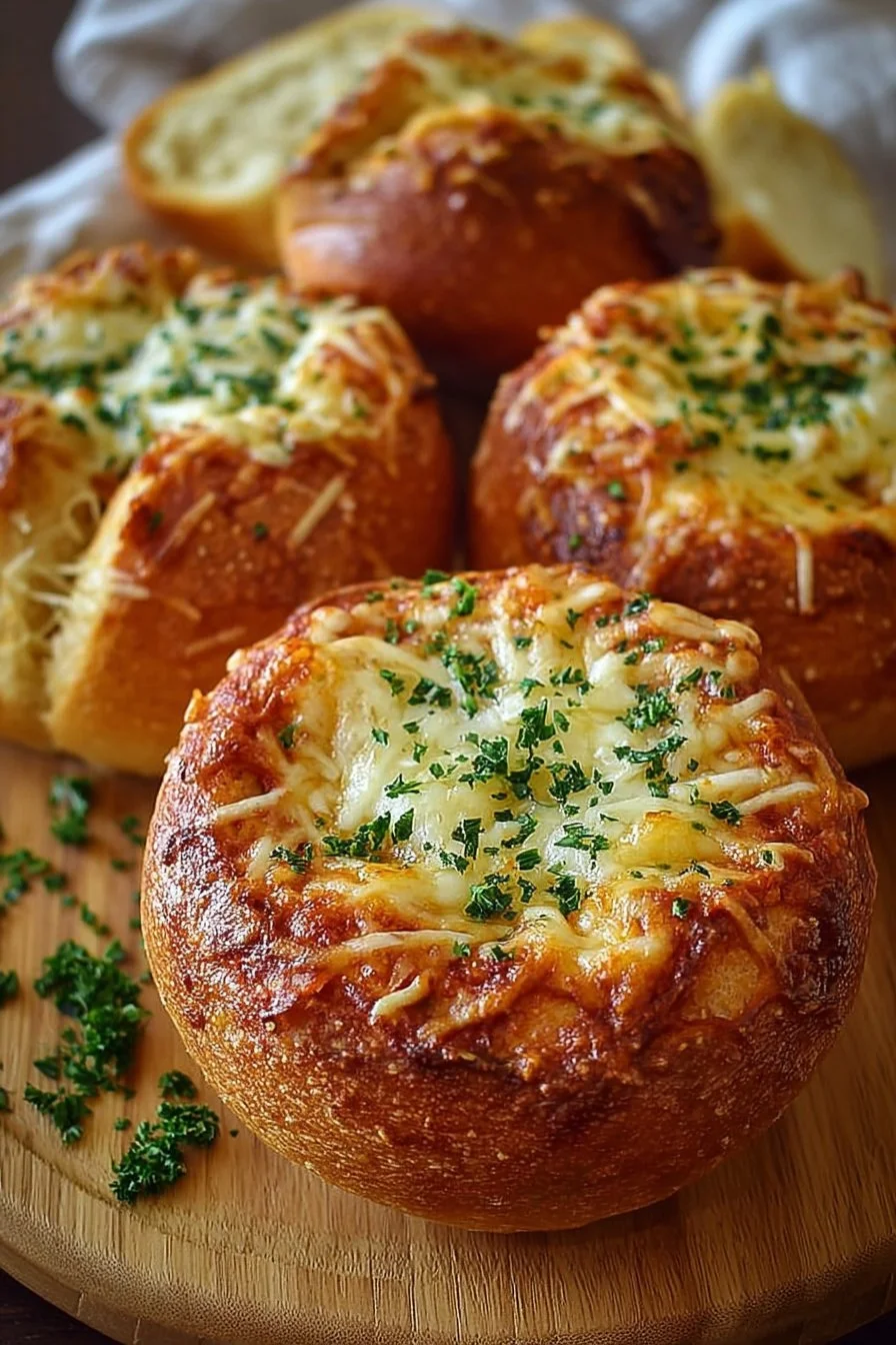 Spaghetti Garlic Bread Bowls 2 Spaghetti garlic bread bowls filled with savory spaghetti and topped with garlic butter.