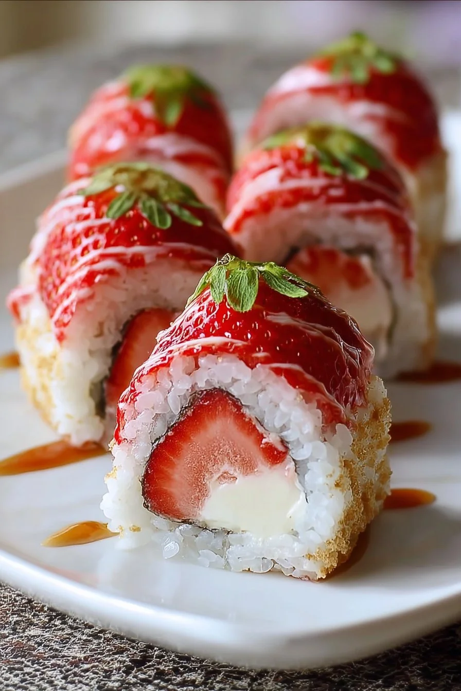 Delicious Strawberry Shortcake Cheesecake Sushi Rolls served on a plate