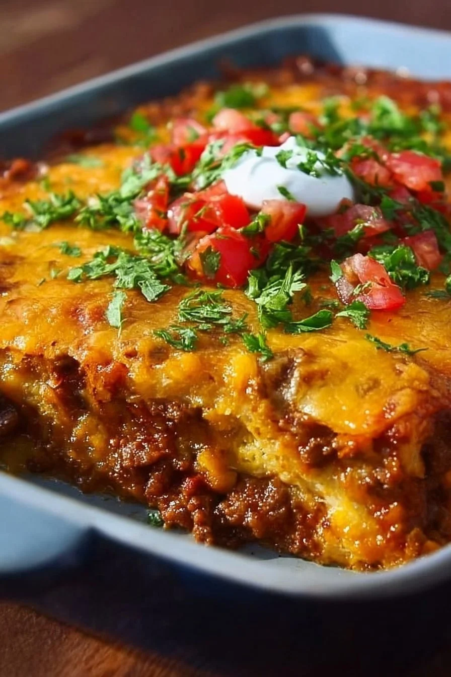 Taco Bake Casserole served in a colorful dish garnished with toppings.