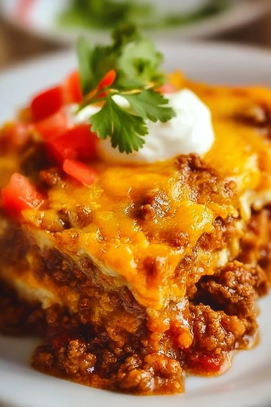 Delicious Taco Casserole topped with cheese and served in a baked dish