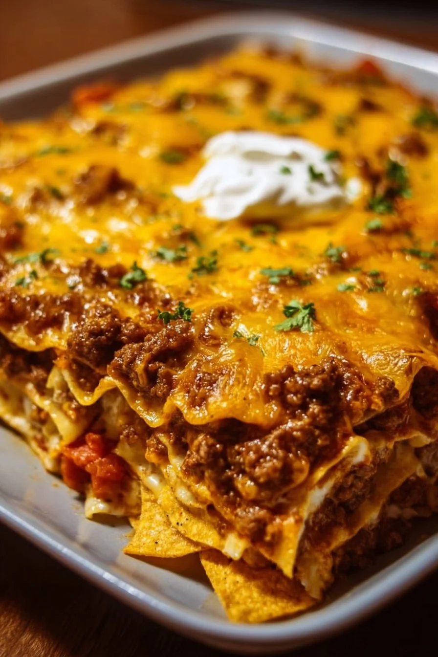 Delicious taco casserole topped with crunchy tortilla chips ready to serve.
