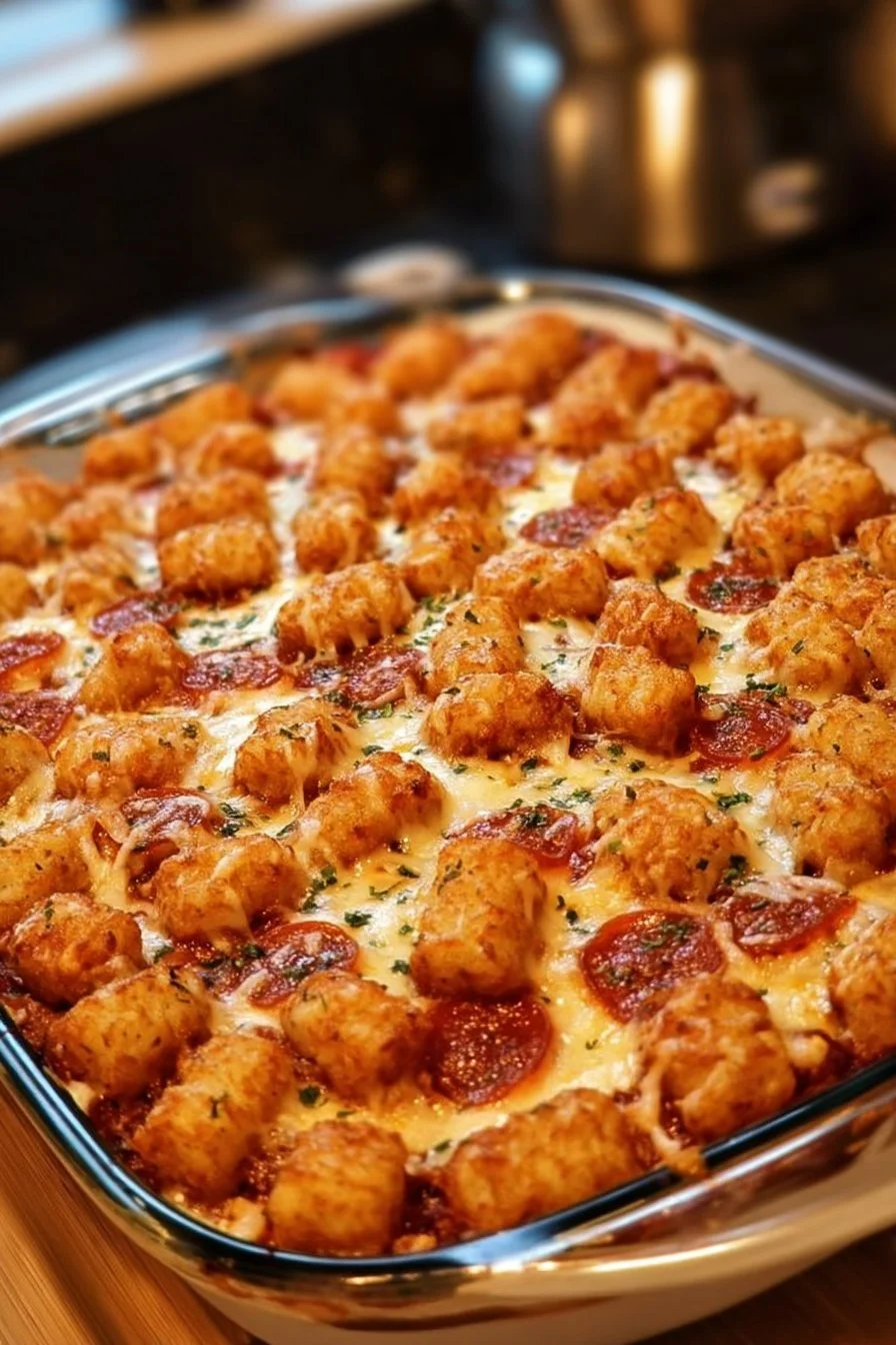 Delicious Tater Tot Pizza Casserole with melted cheese and toppings