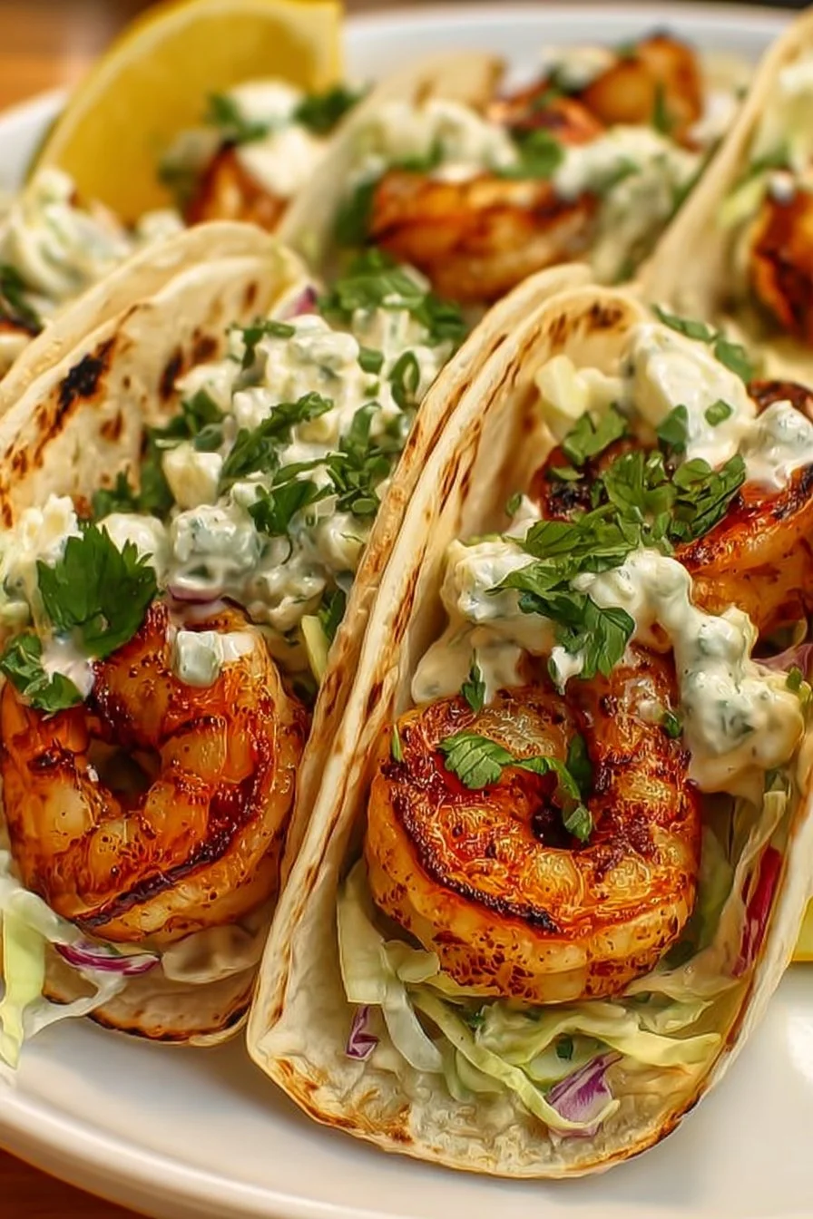 Zesty cilantro lime shrimp tacos topped with creamy slaw on a wooden table.
