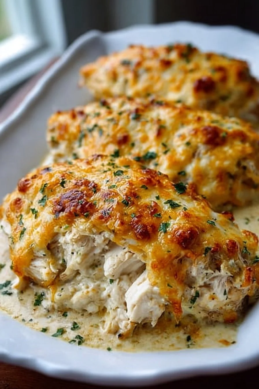 4-Ingredient Ranch Chicken Bake served with vegetables on a plate