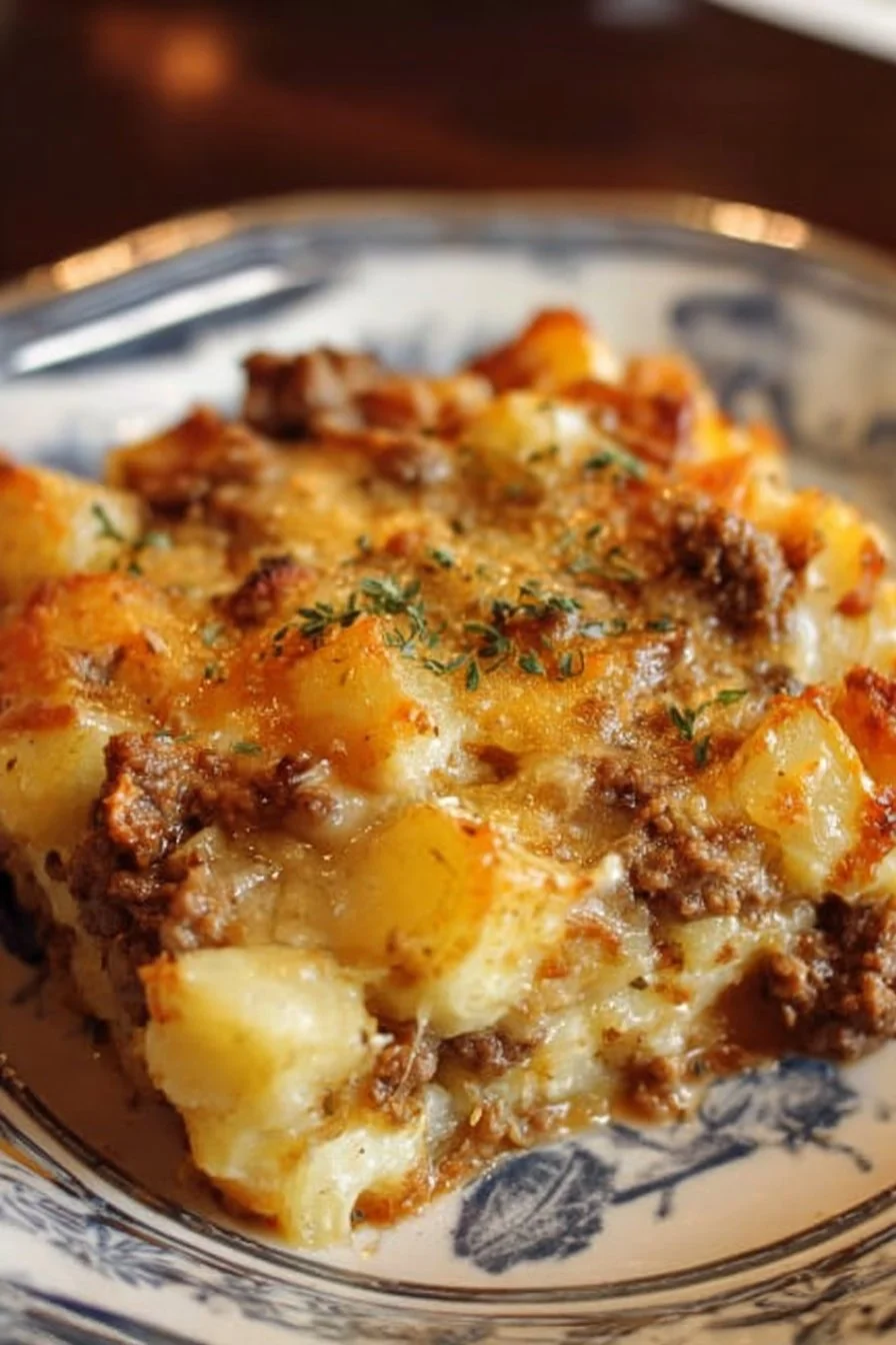 5-Ingredient Hamburger and Potato Casserole dish served in a baking dish.
