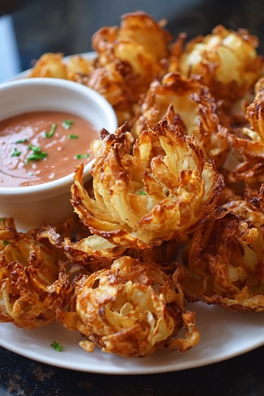 Air fryer blooming onion served with dipping sauce