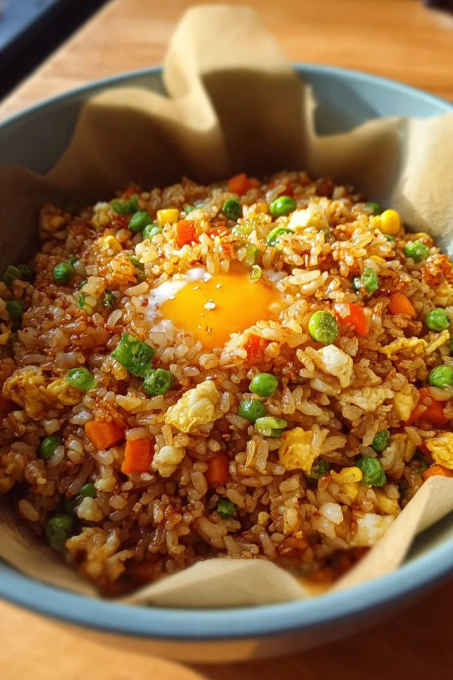 Plate of Air Fryer Fried Rice with colorful vegetables and spices