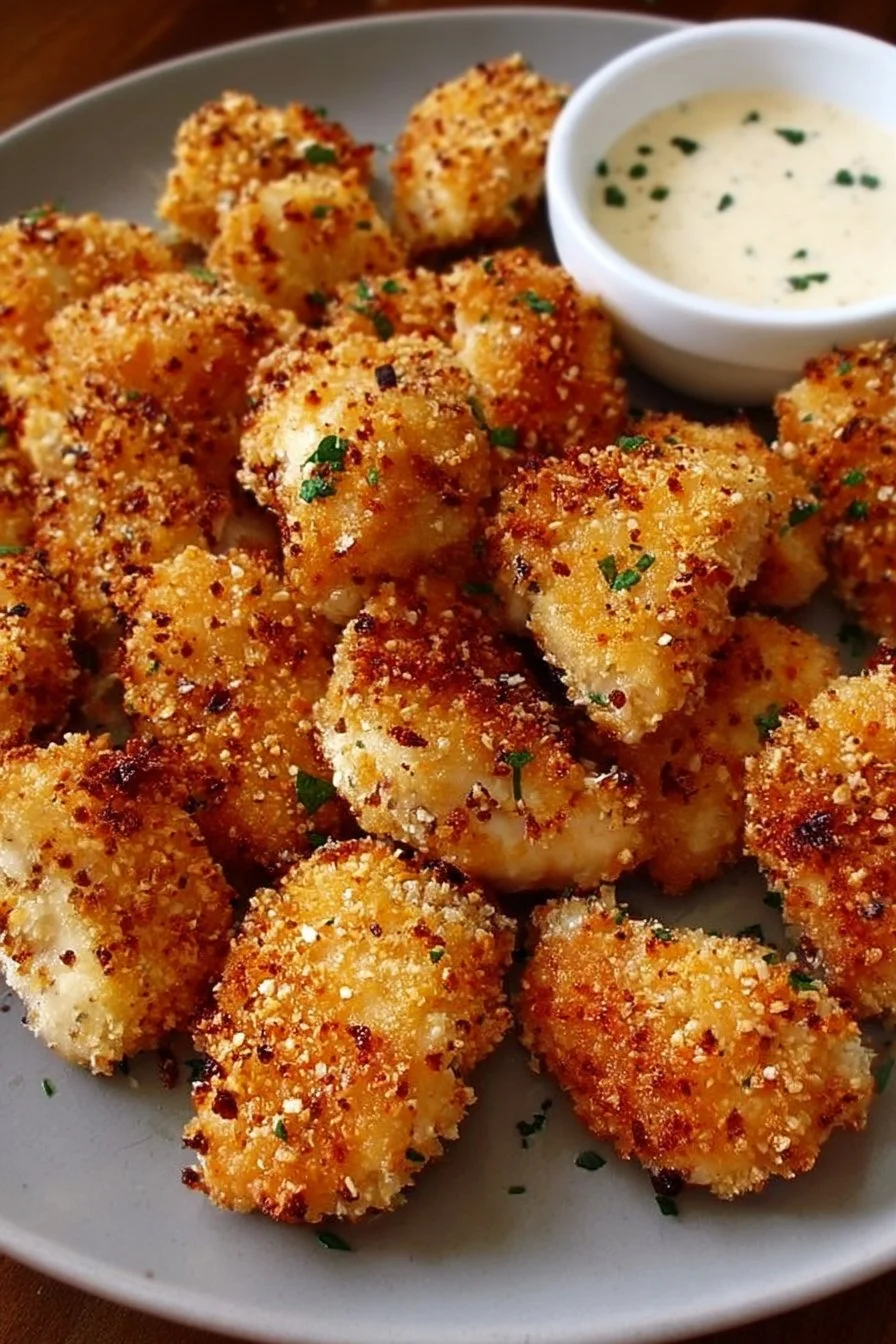 Crispy air fryer ranch-crusted chicken bites served in a bowl