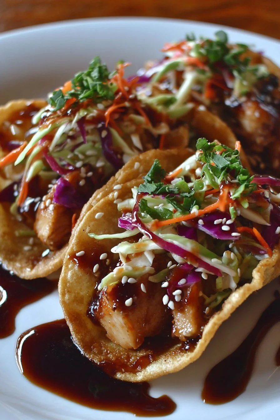 Asian-inspired wonton tacos with teriyaki chicken and slaw served on a plate.
