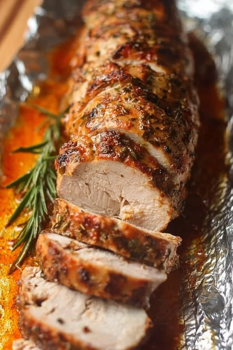 Baked Pork Tenderloin 2 Juicy baked pork tenderloin served on a plate with herbs and spices