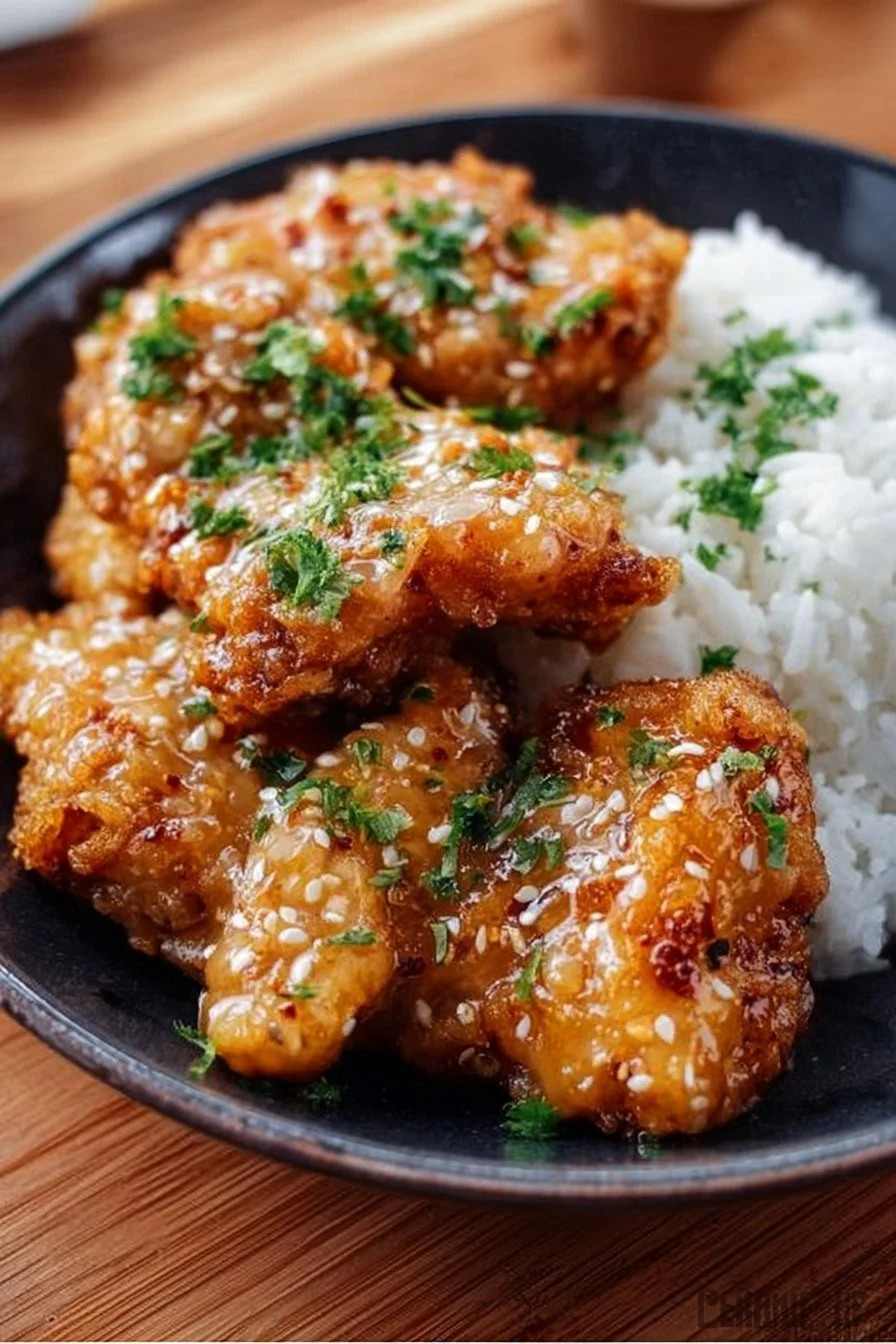 Bang Bang Chicken 2 Delicious plate of Bang Bang Chicken with spicy sauce and garnishments