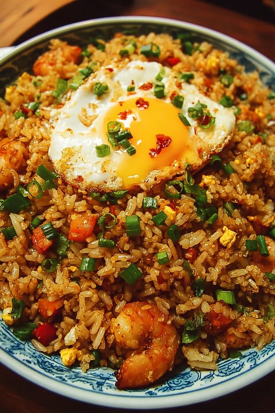 Bang Bang Fried Rice 5 Delicious bowl of Bang Bang Fried Rice garnished with fresh vegetables