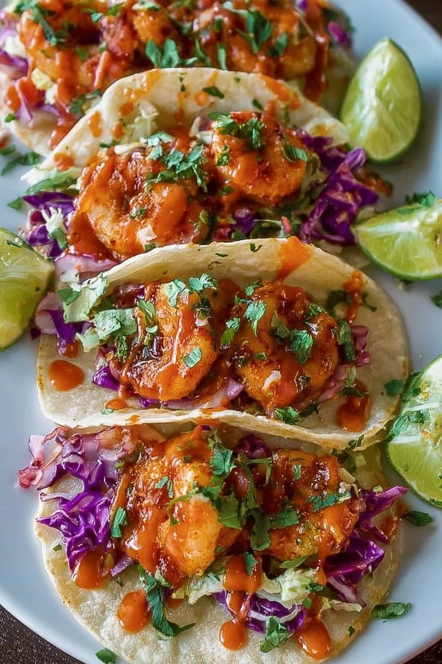 Plate of Bang Bang Shrimp Tacos topped with fresh ingredients