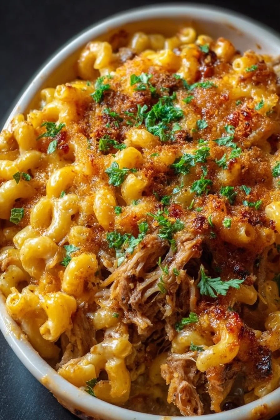 BBQ pulled pork macaroni bake topped with cheese and breadcrumbs