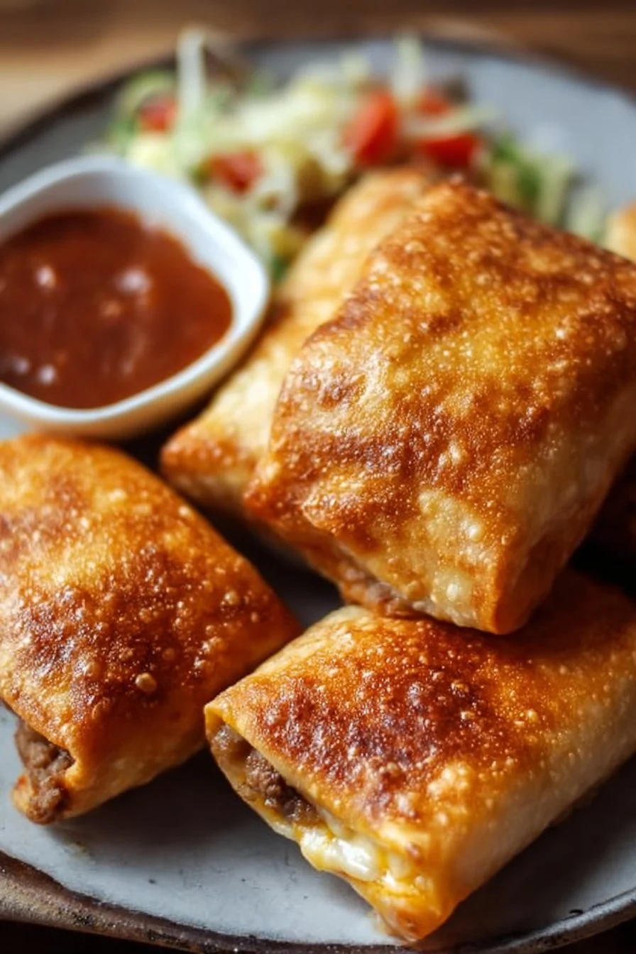 Delicious Beef and Cheese Chimichangas served with salsa